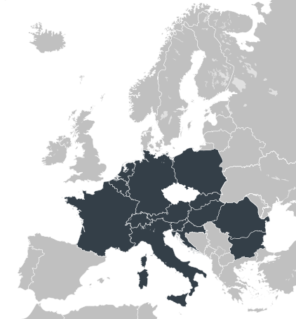Map of Europe with the countries served by DAVATRANS